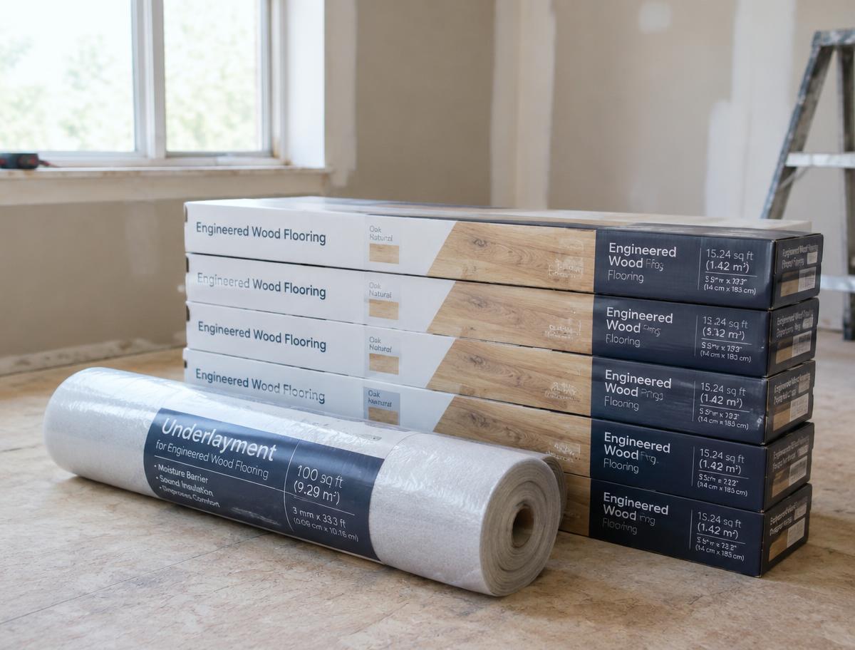 Golvpaket och underlagsrulle i ett rum under renovering – illustrativ bild
